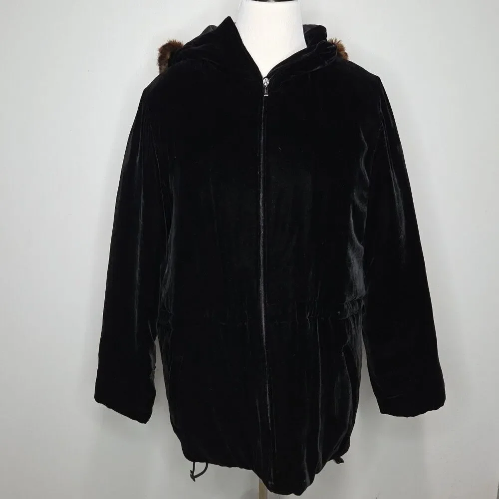 Black Label Lauren by Ralph Lauren Velvet Faux-Fur Hooded Puffer Parka Coat S